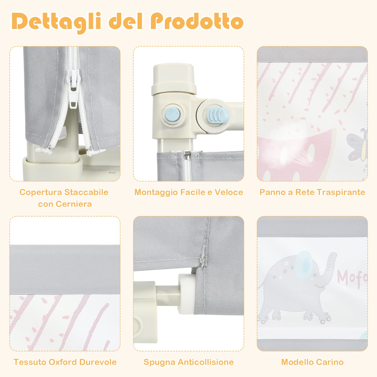 COSTWAY Sponda Letto per Bambini 175 cm, Barriera Pieghevole con Altezza Regolabile, in Tessuto Oxford con Cerniera, con Motivo Cartone Animato, 175,5 x 24,5 x 72,5-101,5 cm (Modello 1, 175 cm)