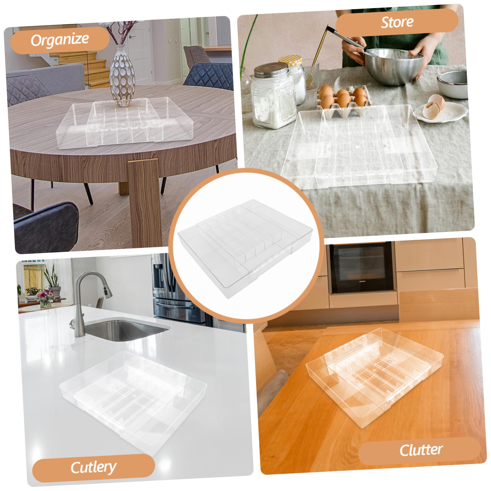 NUOBESTY Ausziehbarer Acryl Besteckkasten Erweiterbarer Küchenutensilien Organizer mit Mehreren Fächern Transparent für Küchenschubladen und Arbeitsplatten
