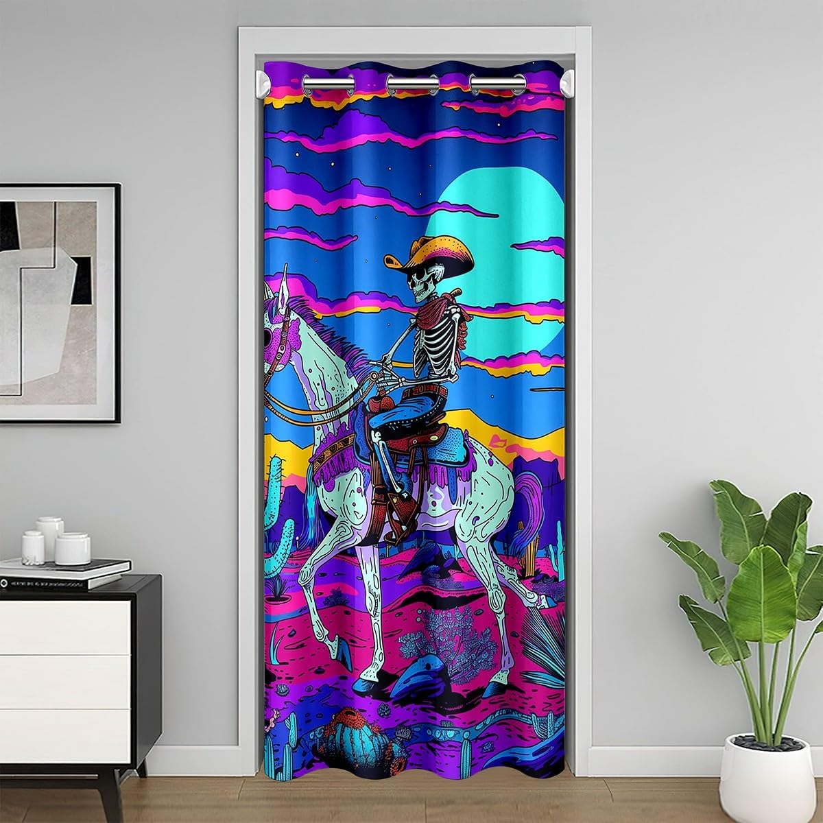 Cartoon Cowboy Skeleton Door Curtain Colorful Clouds Mountain Graffiti Doorway Curtain Privacy for Kids Teens Adults Teal Cactus Wild Horse Western Curtain Drape for Bedroom Door Window 60" W X 80" L