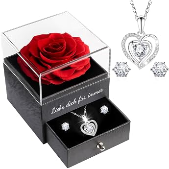 Sunia Eternal Real Rose with Heart Necklace and Earrings Made of 925 Sterling Silver Gifts for Women Girlfriend Mum Grandma Infinity Roses Birthday Christmas Valentines Day Mothers Day Eternal Rose with Chain