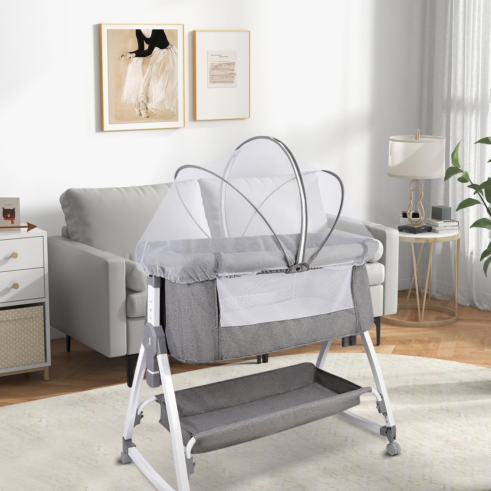 HUOLE Cuna 3 en 1 hasta 30 kg, Cuna de colecho, Cuna Mecedora, Ajuste de Altura e inclinación del colchón, 4 Ruedas con Freno, Colchón Ergonómico, Bolsa-80 * 40 * 100-115cm-lino