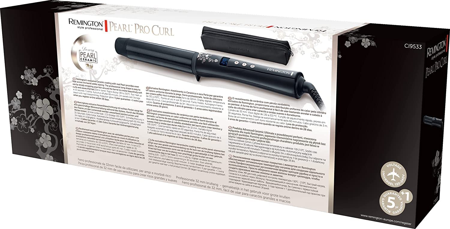 Remington Rizador de Pelo Pearl - Cerámica Avanzada con Perla, Ondulador de Pelo con Barril de 32 mm, Crea Rizos Grandes y Ondas Suaves, Temperatura hasta 210°C, Digital, Punta Fría - CI9533