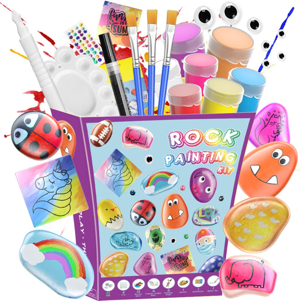 Deluxe Rock Painting Kit, Arts and Crafts for Girls Boys Age 6+ , 12 Rocks, Best Tween Gift Art Set, Waterproof Paints, All-inclusive Craft Kits Art Supplies, Kids Activities for Kids Ages 4-8 & 8-12