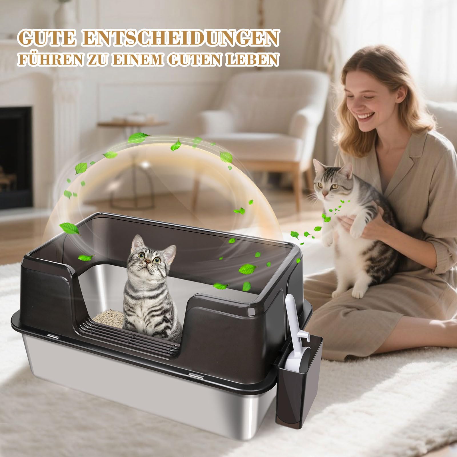 Katzentoilette Edelstahl XXL, 60 L x 40 W x 31,5 H cm | Geruchsresistent Katzenklo Groß mit Hoch Rand, Auslaufsichere & Nicht klebrig XXL Katzenklo für Große Katzen