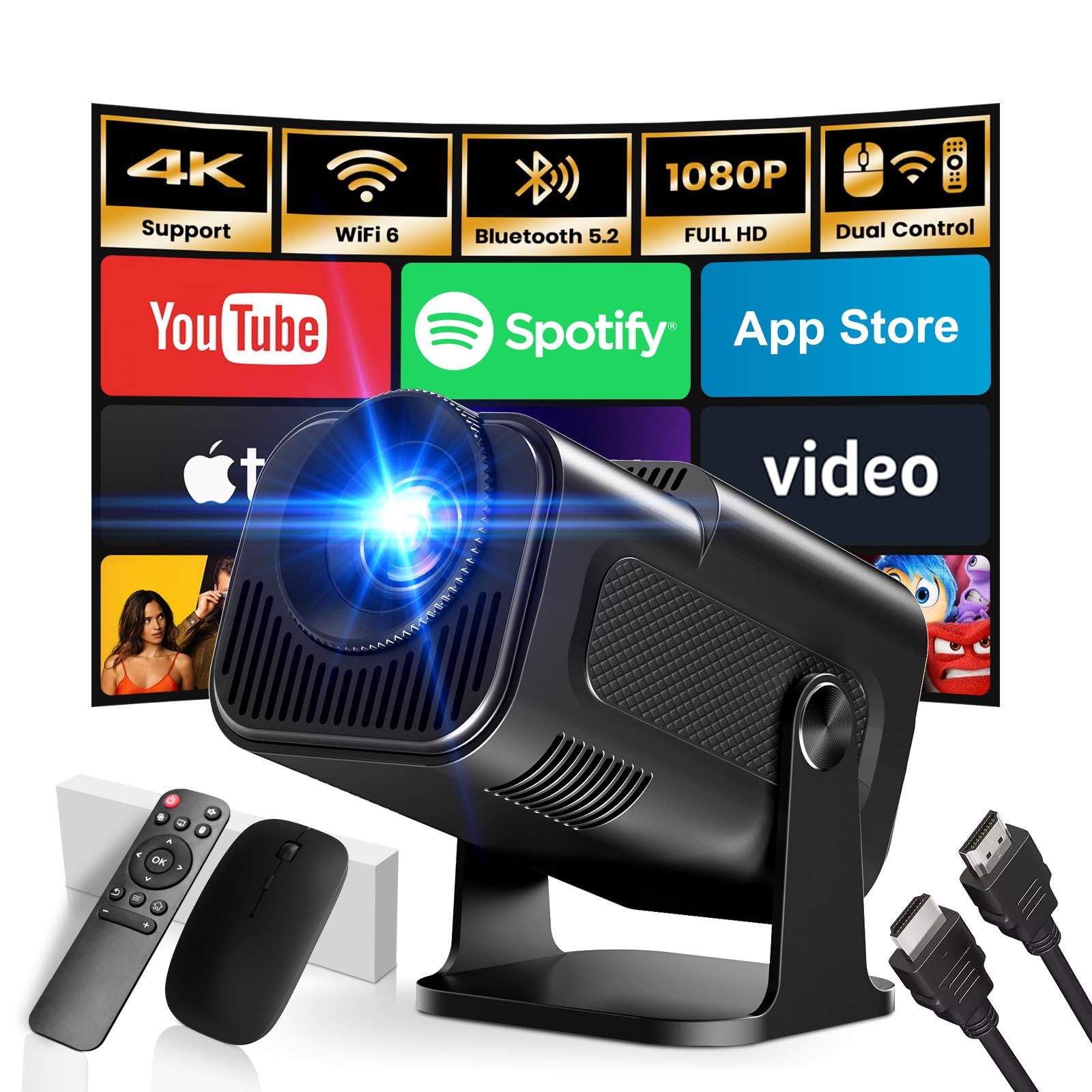 Gaimoo Mini Projector 2024 - 1080P Native & 4K Support, WiFi 6, Bluetooth 5.2, Auto Keystone, Built-in Apps
