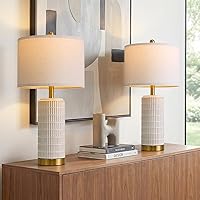 PoKat 25" Modern Farmhouse Table Lamps Set of 2 - Handcrafted Ceramic Beige White with Gold Base for Bedroom Living Room