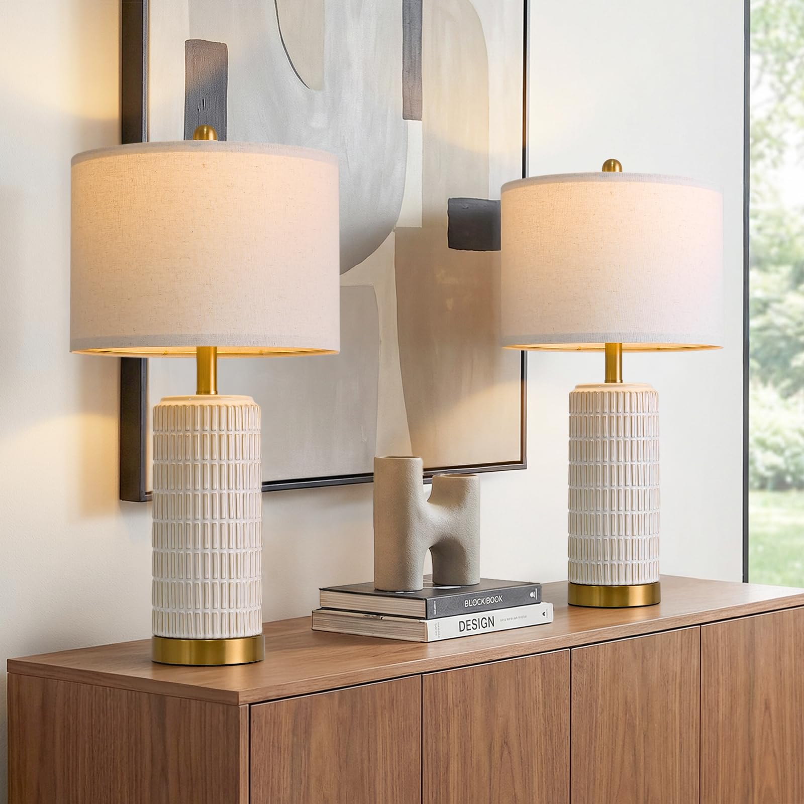 Photo 1 of PoKat 25'' Modern Table Lamps Set of 2 for Living Room with Gold Base, White Farmhouse Bedside Lamps for Bedroom, Nightstand Lamps for Office End Table Hallway Home Decor Gift, Beige and White