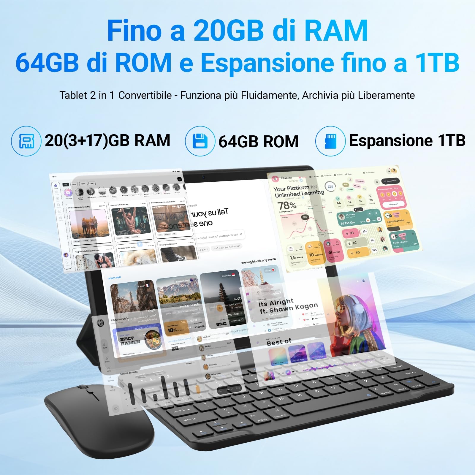 Gleeso Tablet Android 16 da 10 Pollici, Tablet con Tastiera 20GB+TF 1TB, Android Tablet PC con Mouse, Penna Stylus, 6000mAh, Fotocamera da 8MP, WiFi 5G, Laptop Portatile per Studenti e Aziende
