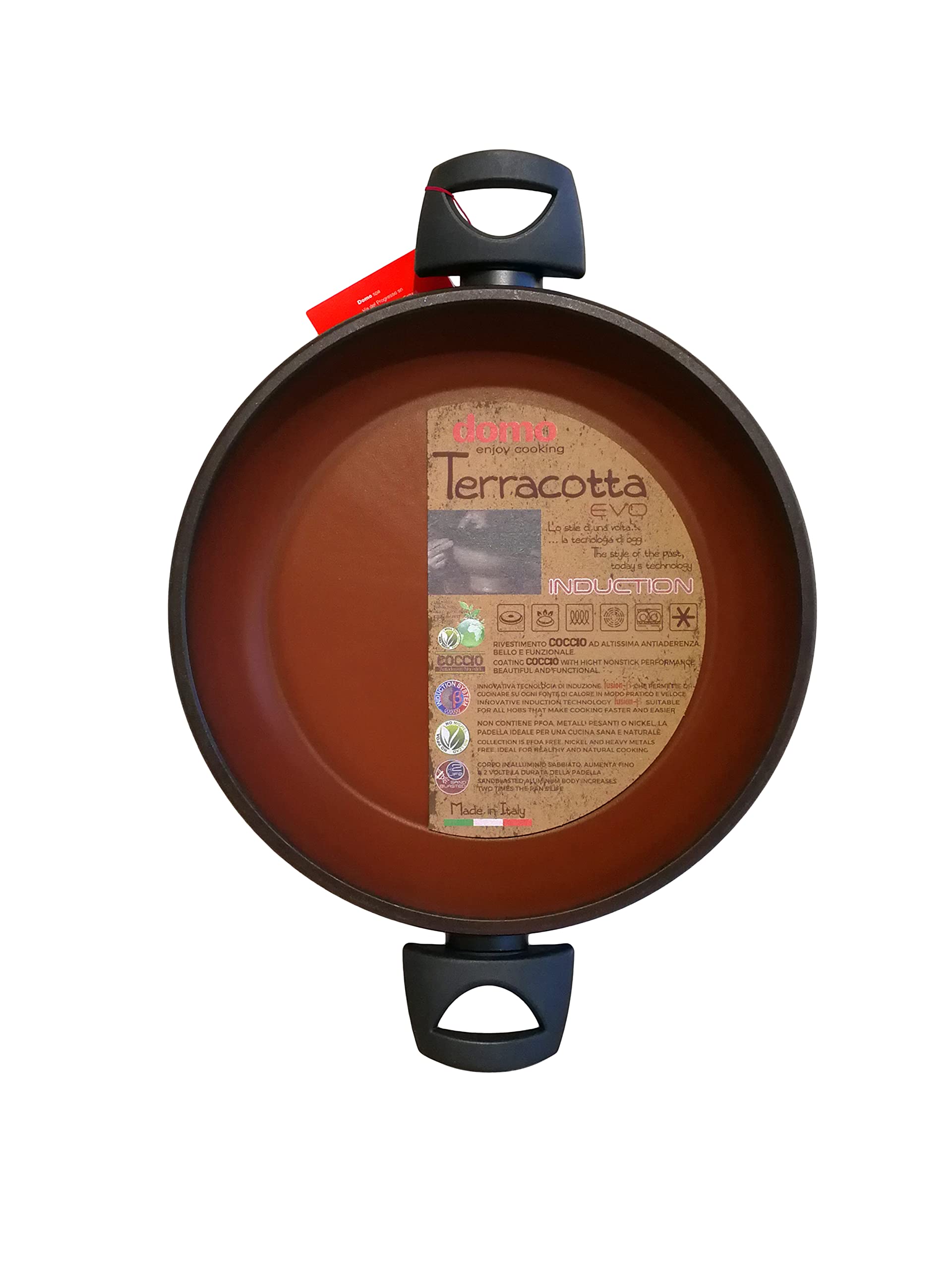 Domo - Terracotta Evo, Tegame con Due Maniglie, Interno Antiaderente Coccio di Alta Qualità, con Finitura in Terracotta, Utilizzabile su Tutte le Fonti di Calore, con Diametro di 28 cm