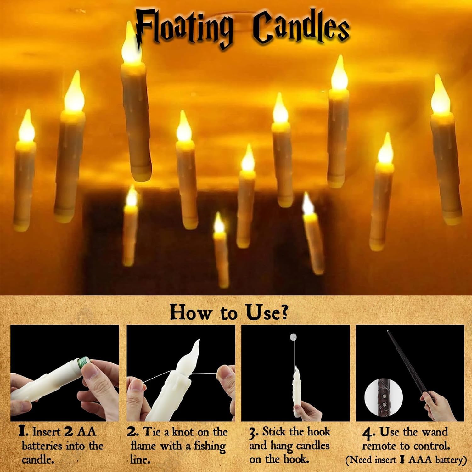 Party Decorations Flameless LED Candles Light Floating Light Up Decors for Birthday Christmas (12 Candles with Wand Remote/Wires/Hooks)