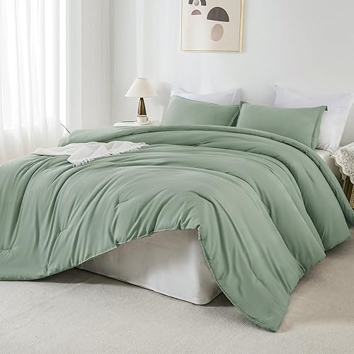 Andency Juego de edredón tamaño Queen de color verde salvia, juego de edredón bohemio de 3 piezas, ligero, suave, para hombres y mujeres (edredón de