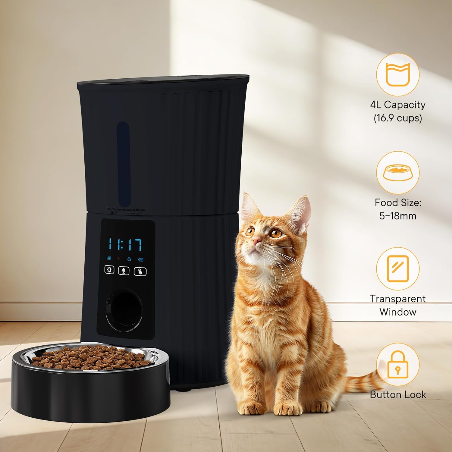 NEWBULIG Automatic Cat Feeder, 4L Timed Pet Feeders with 10s Voice Recorder, Dog Food Dispenser with APP Control, Dry Food, 10 Meals, Programmable 50 Portions, Dual Power Supply, Desiccant Bag