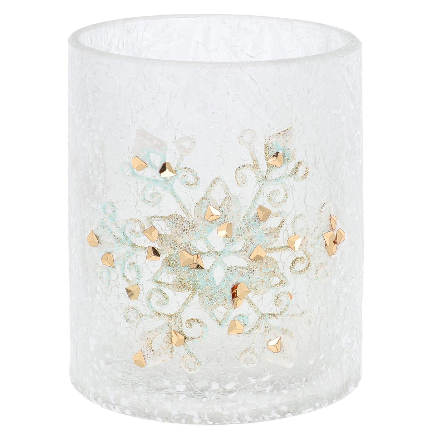 Shudehill Giftware Christmas Crackle Glass Tealight Holders, Festive Holly and Snowflake Design, Candle Holders for Holiday Home Decor (Snowflake Height 12.3cm x Width 10cm x Depth 10cm)