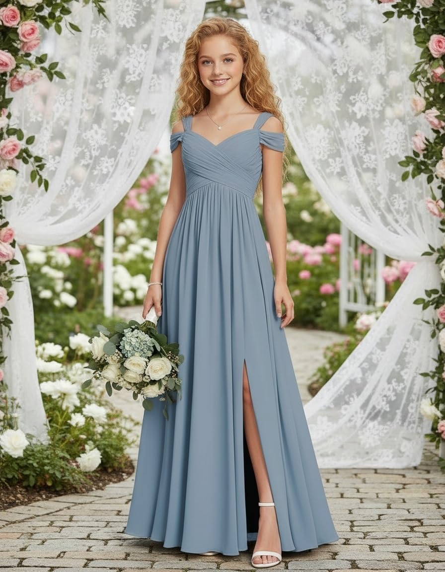 Off Shoulder Junior Bridesmaid Dresses for Wedding Chiffon Flower Girl Dress Teen Girls Wedding Guest Party Gown
