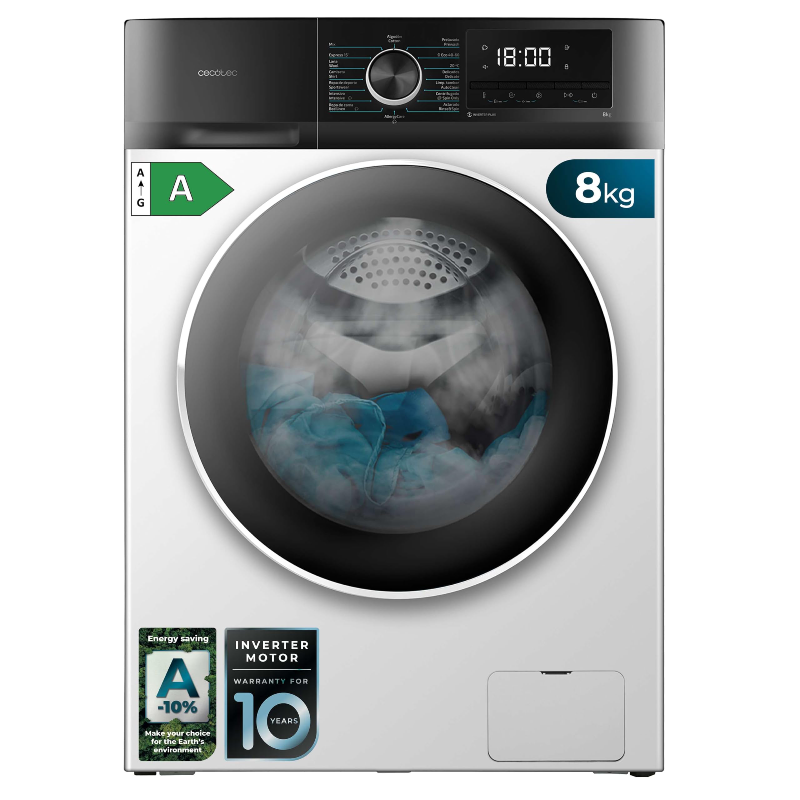 Cecotec Washing Machine 8 kg Front Load Bolero Dresscode 8500 Inverter A. 1900W, 1400 rpm, Inverter Plus Motor, Low Consumption, 16 Programs, SteamMax, Delay Start, White Energy Label