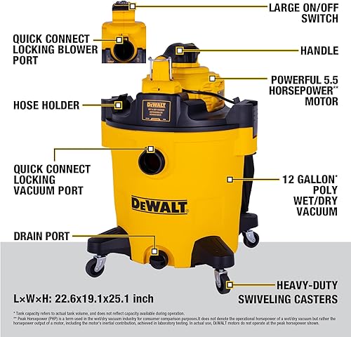 Miniatura 7 de DEWALT Aspiradora en seco y húmedo con soplador de hojas desmontable, aspiradora de 12 galones con bolsa para el hogar, garaje, automóvil, taller,