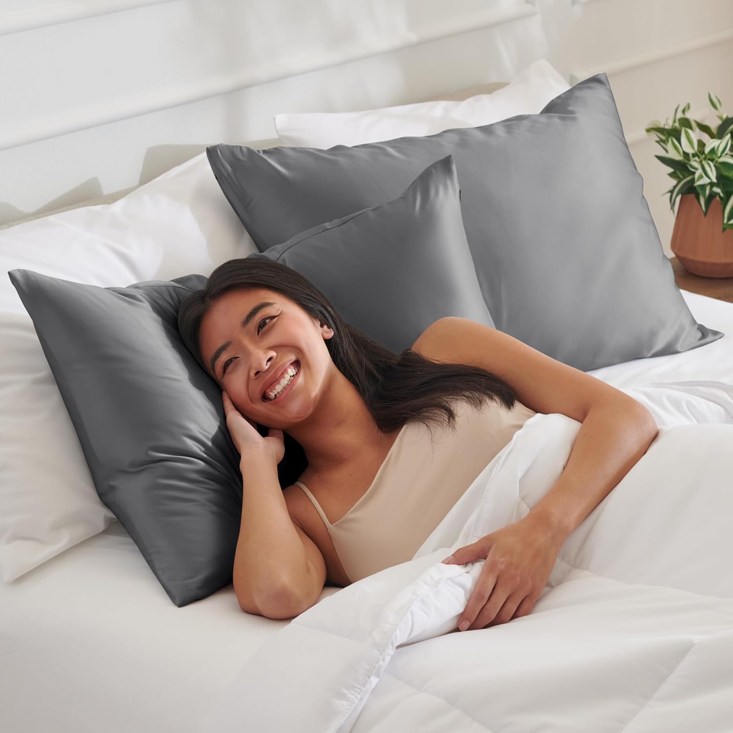 Bare Home Satin Pillowcases Zipper (Standard 20"x26" Set of 2, Grey) | Similar to Silk, Soft and Smooth Satin, for Hair and Skin, Luxury Pillowcases, Breathable, Zipper Enclosure