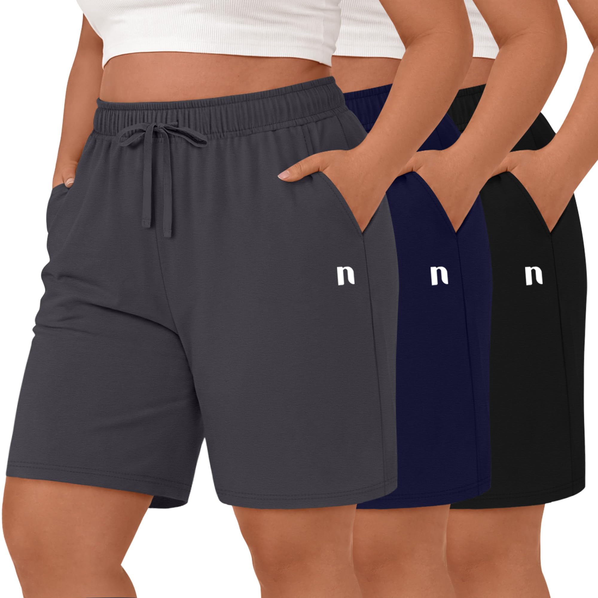 Neer 3 Lot Bermudas Femmes Grandes Tailles | Tissu 90 % coton, taille haute avec cordon réglable, vêtements décontractés pour la maison, yoga sportif avec poches