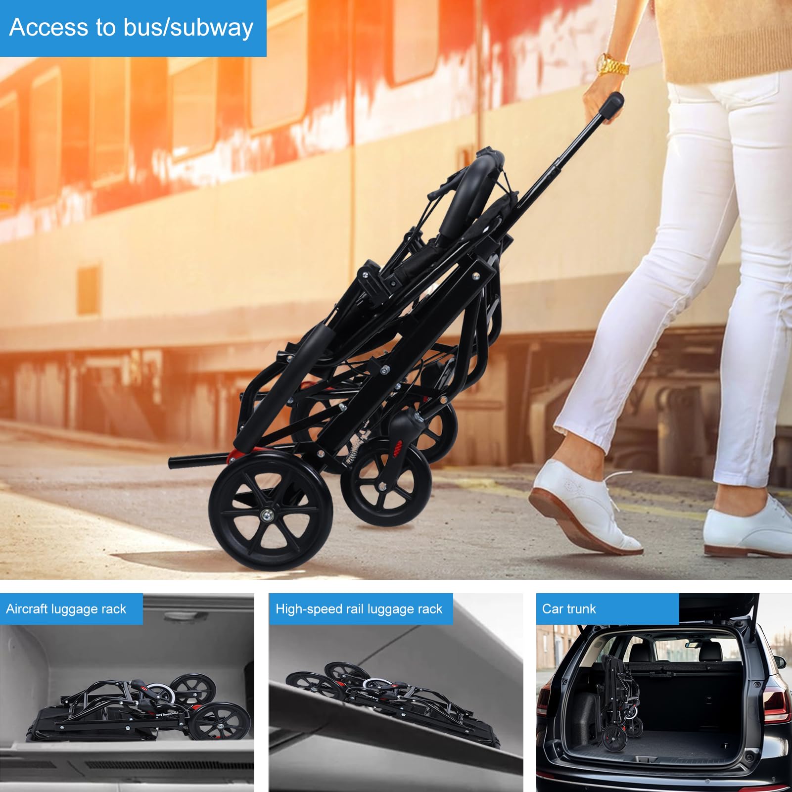 Silla de ruedas plegable ligera para adultos, silla de transporte de aluminio con cinturón de seguridad y neumáticos anchos 82 cm x 50 cm, peso soportado 100 kg, uso interior exterior (negro)