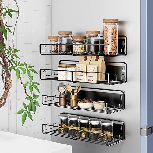 Estante magnético para especias para refrigerador, paquete de 4 organizadores de cocina con 4 ganchos y calcomanías adhesivas, organizador
