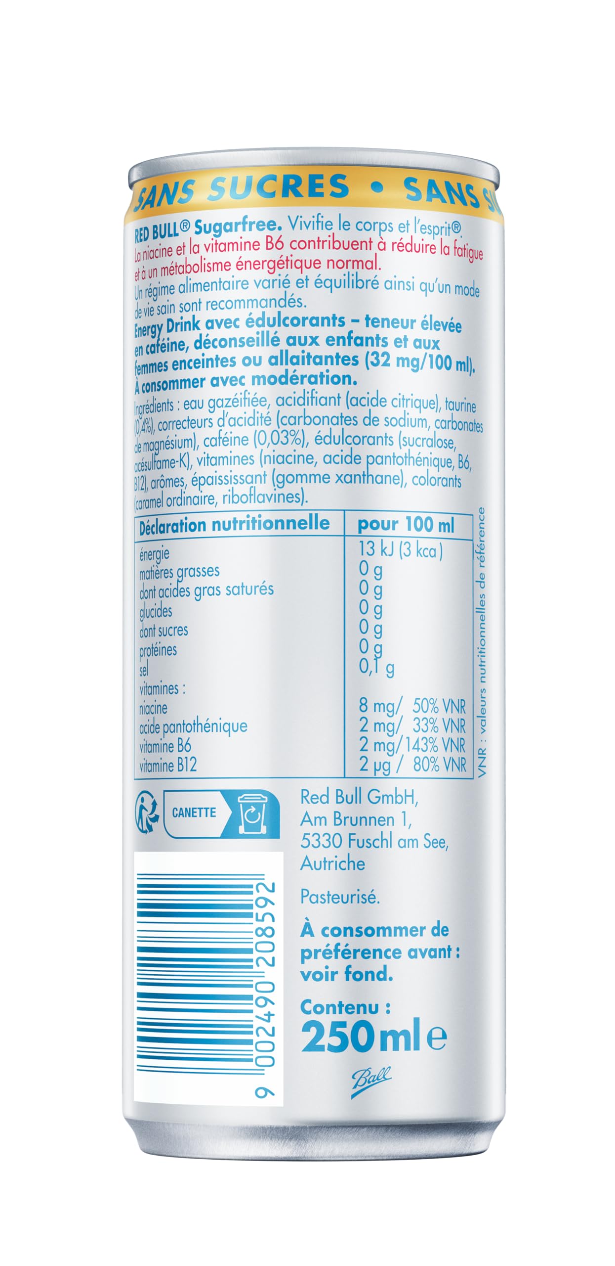 Red Bull Boisson Énergisante, Sugar Free, 250ml (24 unités)