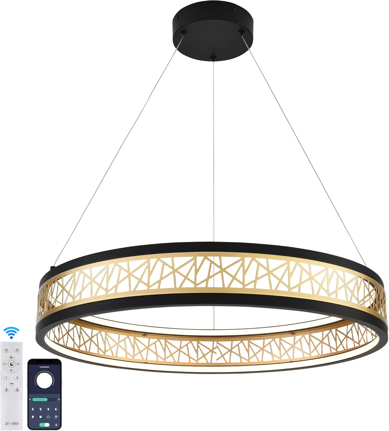 Modern Chandelier with Remote Control, Adjustable LED Chandelier Dimmable Chandeliers for Dining Room Living Room (Black & Gold, 23.6" Ring)