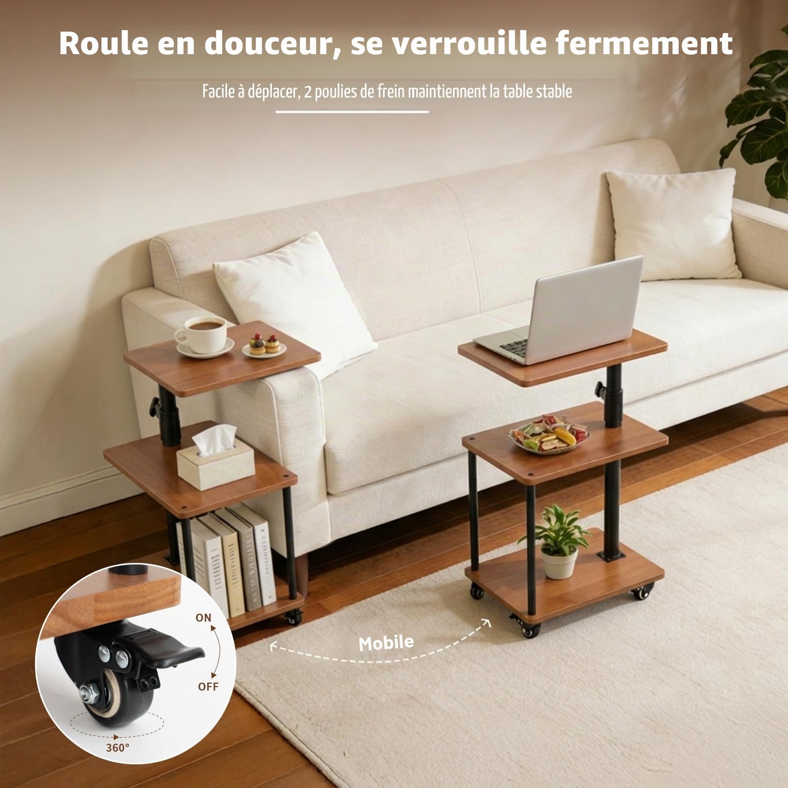 Table Roulante en Bois Massif Table d’Appoint Bout de Canapé Mobile avec roulettes et Freins Hauteur Réglable 47 71 cm Meuble de Rangement Naturel pour Salon Chambre Bureau