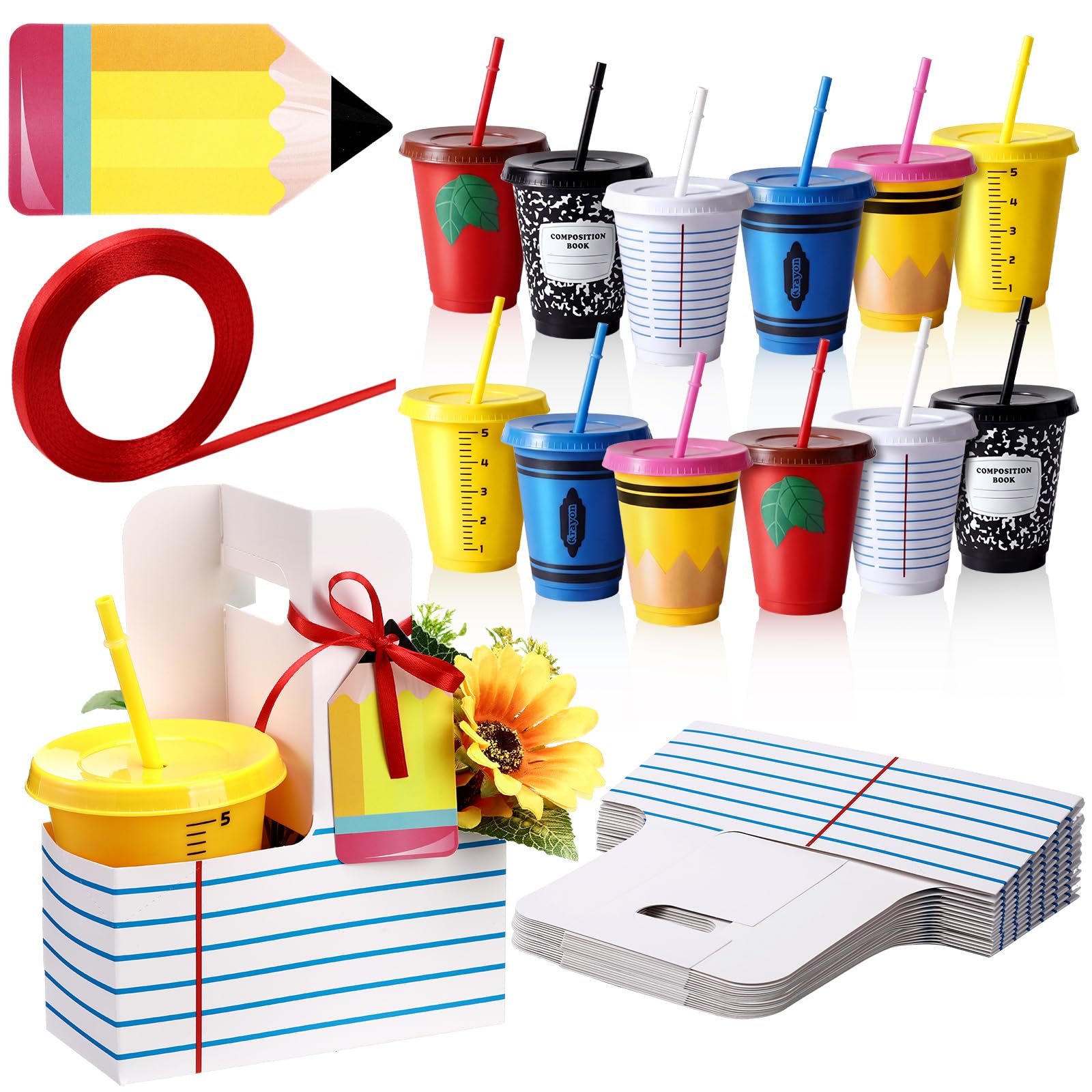 Gobelets avec couvercles et pailles pour cadeaux de fête | Kit de 12 tasses 473 ml et ruban rouge