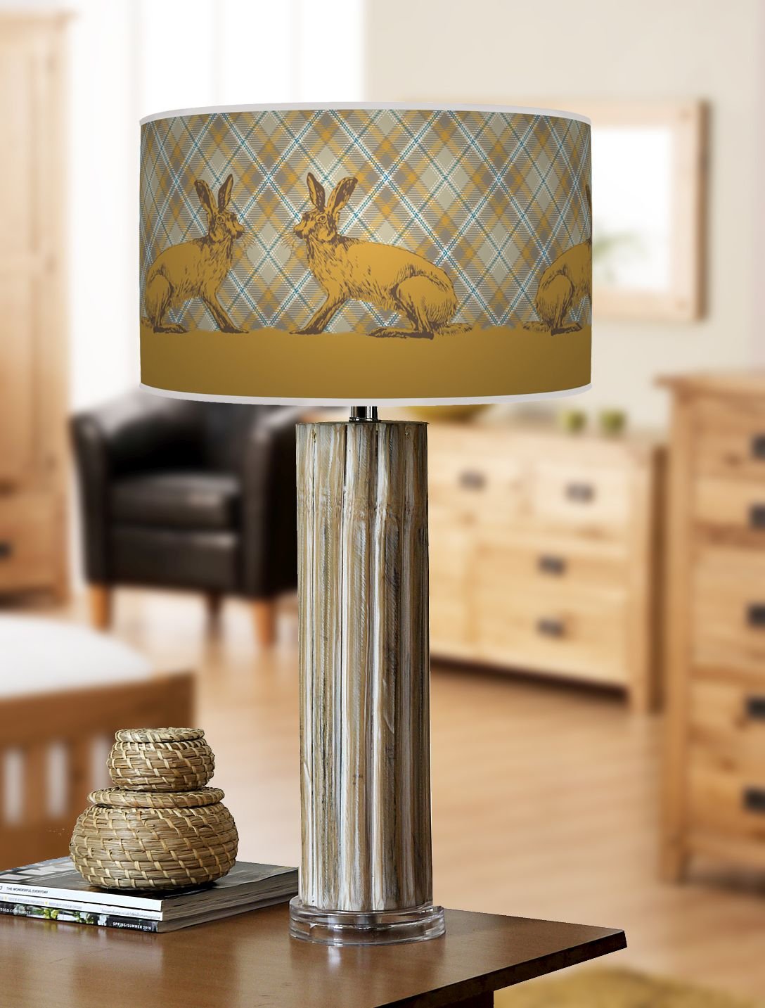 68cm Large Dark Bamboo Wood Table Lamp with Giclee Printed lampshade Mustard Check Plaid Tartan Rabbit Hare 852