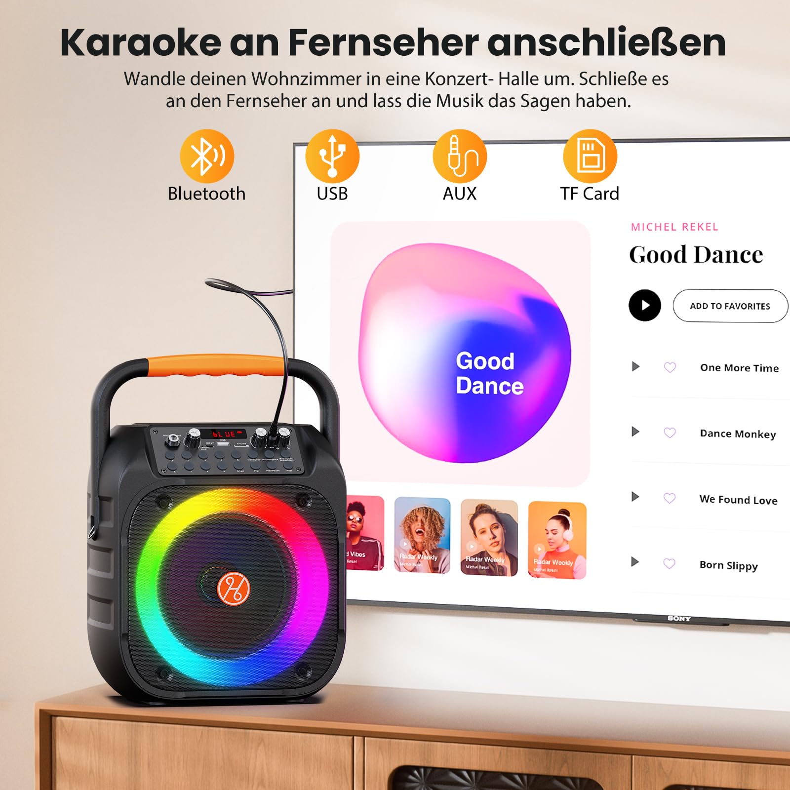 HWWR Karaoke Maschine, Tragbare Bluetooth Karaoke, Karaoke Anlage Mit 2 Mikrofonen, Echoanpassung, Led-Licht, Pa Anlage Karaoke Lautsprecher Unterstützt Tv/Rec/Aux/USB/Tf Karte (6,5 "Subwoofer)