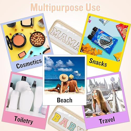 Miniatura 6 de izuzta Preppy Patch - Bolsas de maquillaje transparentes con letras de chenilla, bolsa de bebé con cremallera, PVC transparente, impermeable, con