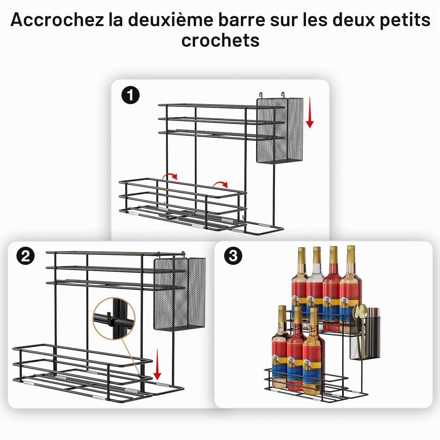 Ovicar Porte-sirop pour café - Support à 8 bouteilles de sirop pour bar à café, station de café, accessoire avec panier à capsules de café en paille, 2 niveaux, plan de travail de cuisine pour le