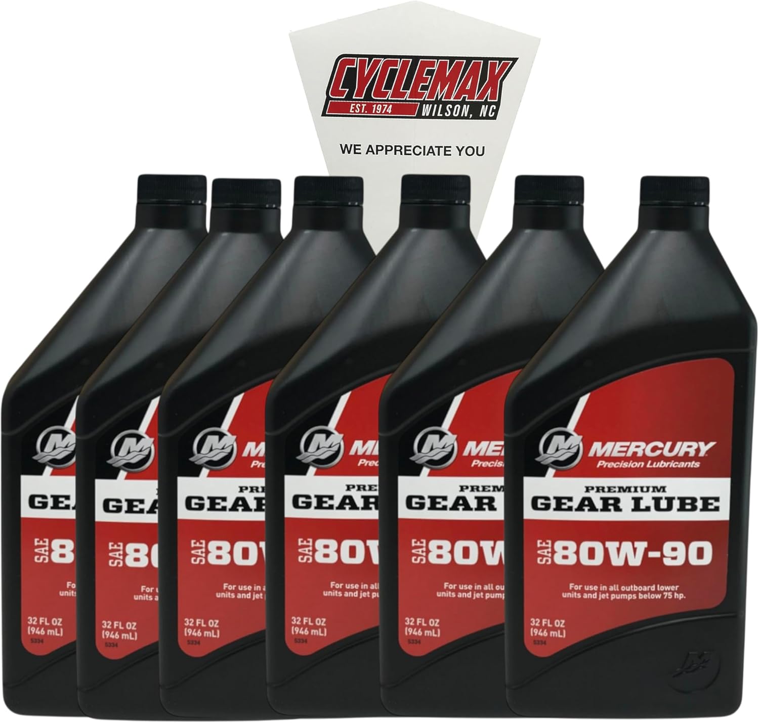 Cyclemax Six Pack compatible with Mercury Premium Gear Lube SAE 80W90 Quarts 858058K01-6PACK Contains Six Premium Gear Lube SAE 80W90 Quarts and a Funnel