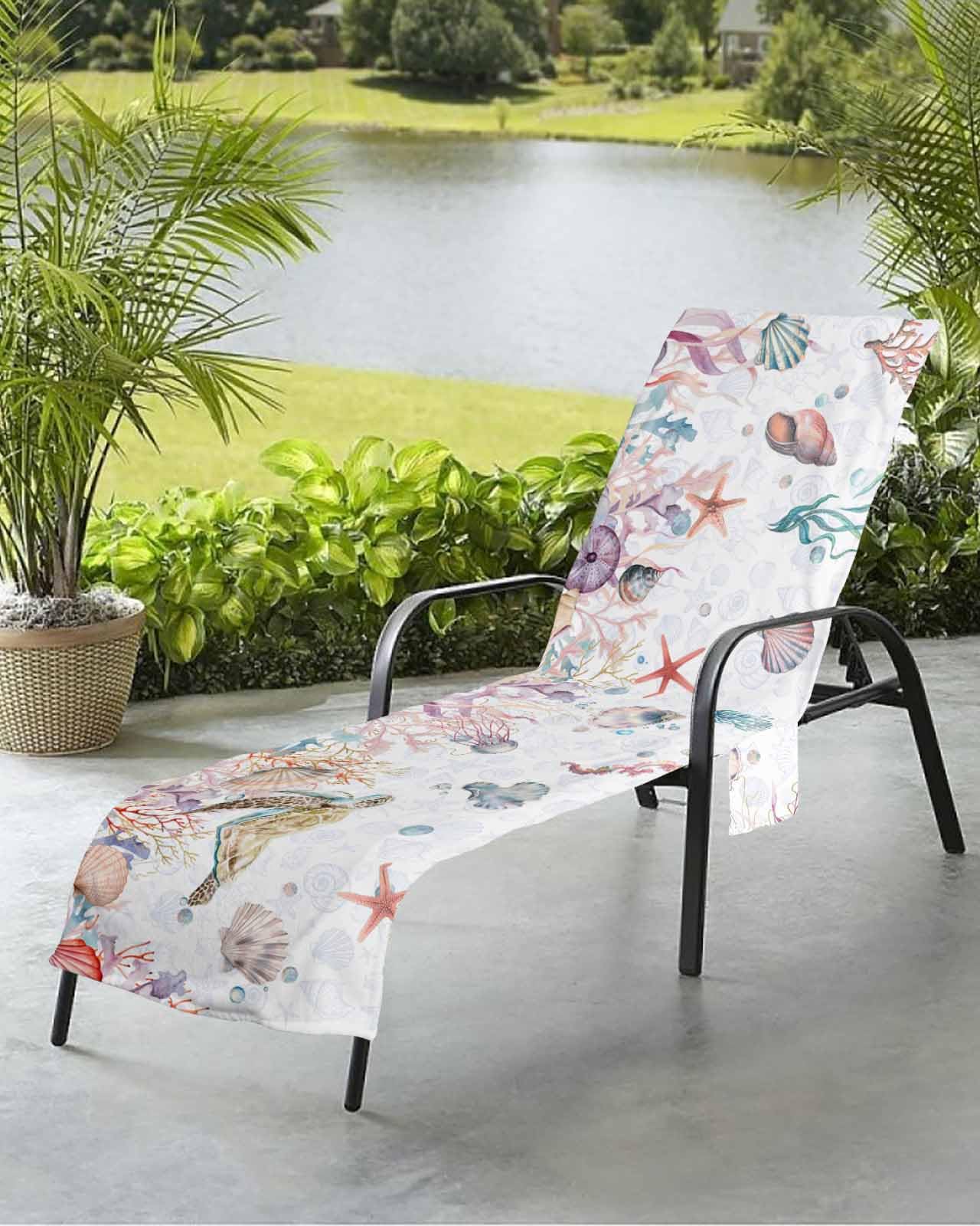 Coastal Turtle Beach Chair Towel Covers for Chaise Lounge with Side Pocket, Soft Plush Pool Towels Cover for Patio Sunbathing Outdoor 29''x85'' Nautical Starfish Seaweed Shell Coral Jellyfish
