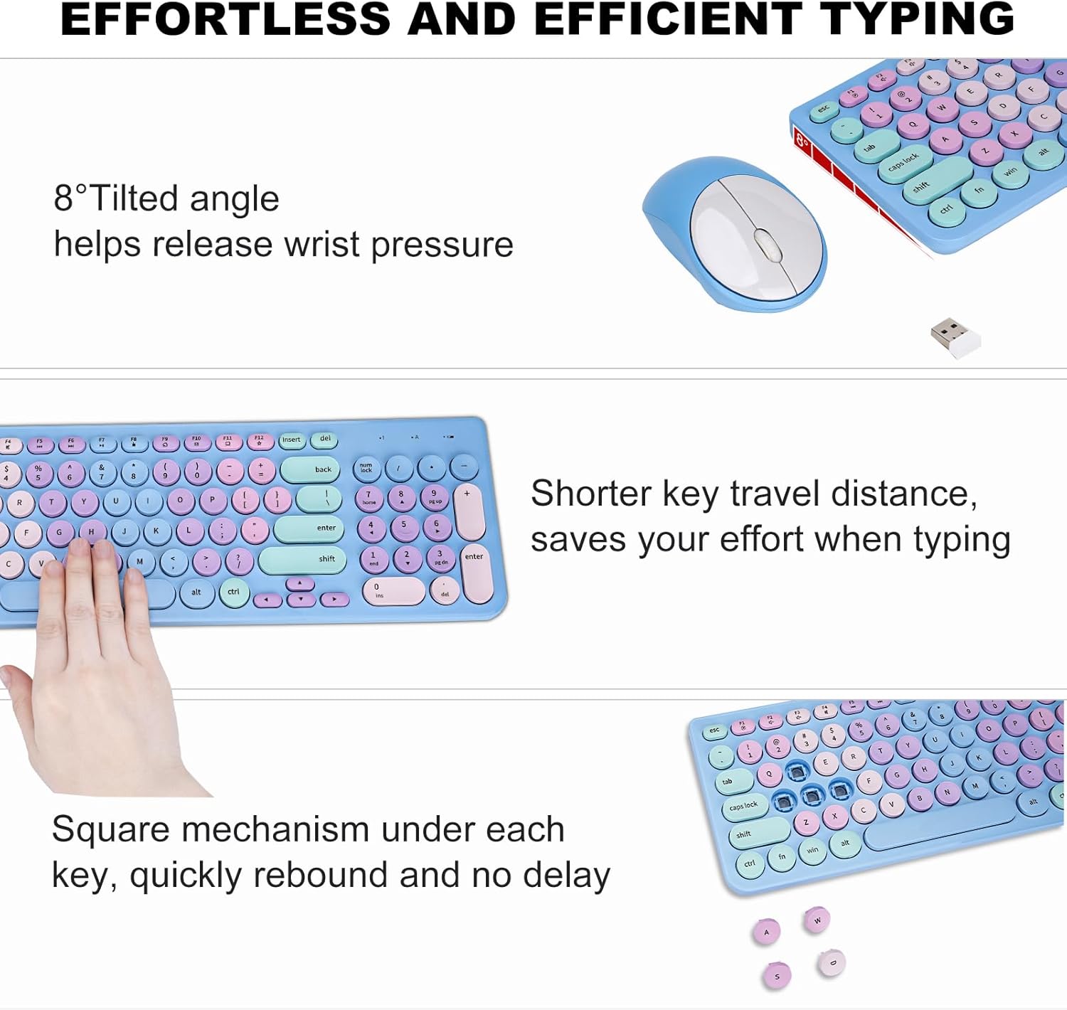 Wireless Keyboard and Mouse Combo, Retro Typewriter Keyboard with Round Keycaps, 2.4GHz USB Cute Wireless Keyboard Mouse for Computer, Desktop, Laptop and Computer (Rainbow Blue)