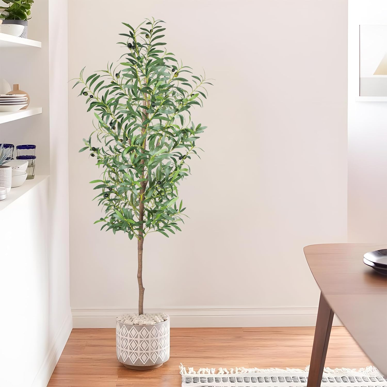 Artificial Olive Tree, 7FT Tall Faux Olive Trees 84in Outdoor Fake Potted Silk Plant with Trunk and Realistic 1048 Leaves and 40 Fruits for Modern Office Home Decor Indoor（1pack）