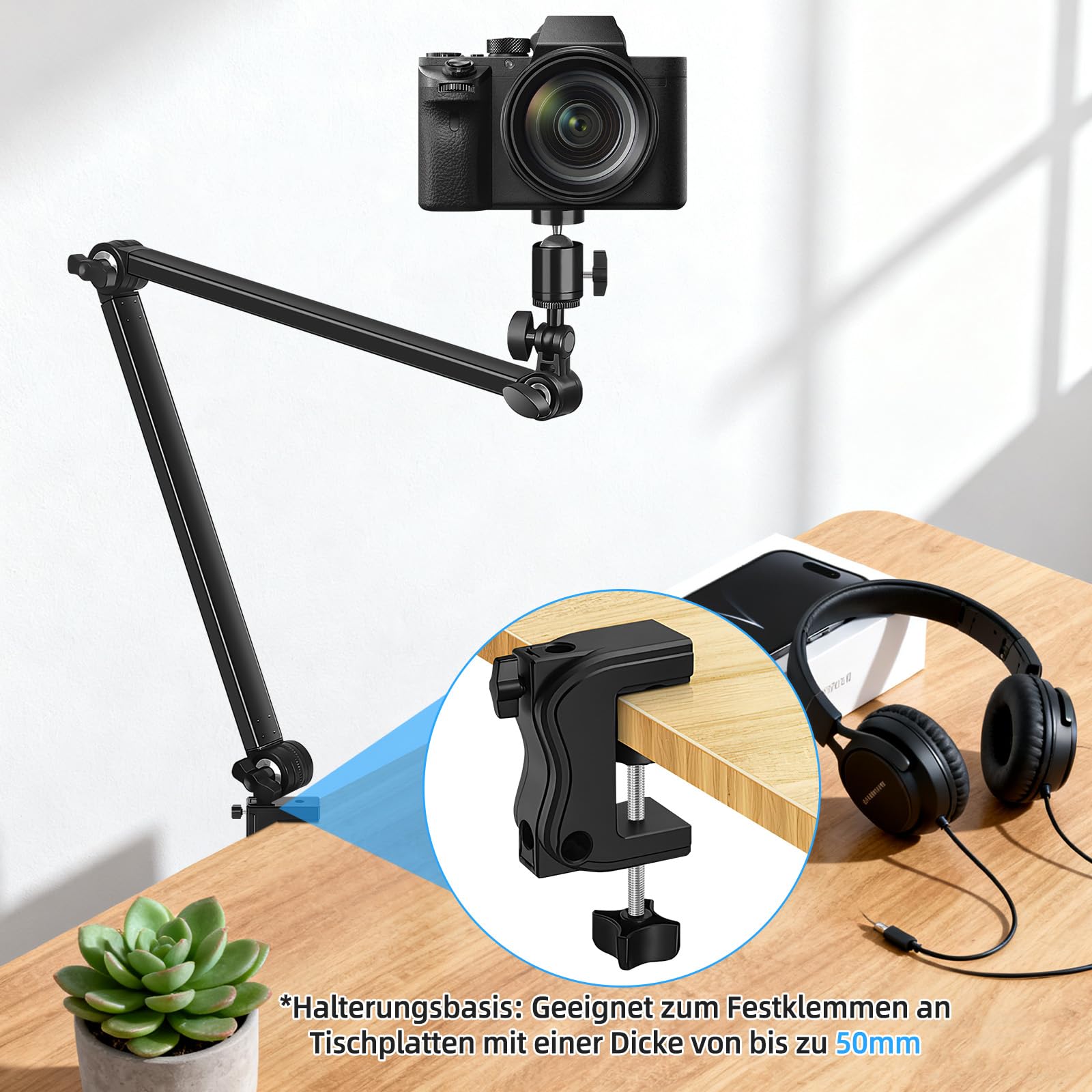 Webcam Ständer Halterung, 70 cm Arm mit Klemme Schreibtisch Kamera Halterung mit 1/4'' Schrauben,Überkopf Tischkamera Telefonhalterung für DSLR Gopro Hero Action Kamera Videoleuchte Logitech Webcam