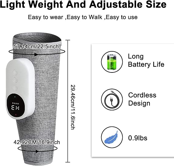 Leg Massager with Heating Function, Cordless Calf Massager with Heat, 3 Intensity Levels & 3 Heating,Adjustable Size,Circulation Booster for Legs Calf Muscles,1Pack (Gray A Single)