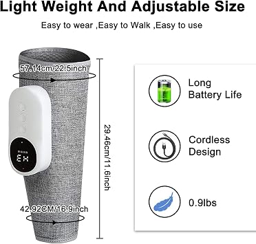 Leg Massager with Heating Function, Cordless Calf Massager with Heat, 3 Intensity Levels & 3 Heating,Adjustable Size,Circulation Booster for Legs Calf Muscles,1Pack (Gray A Single)