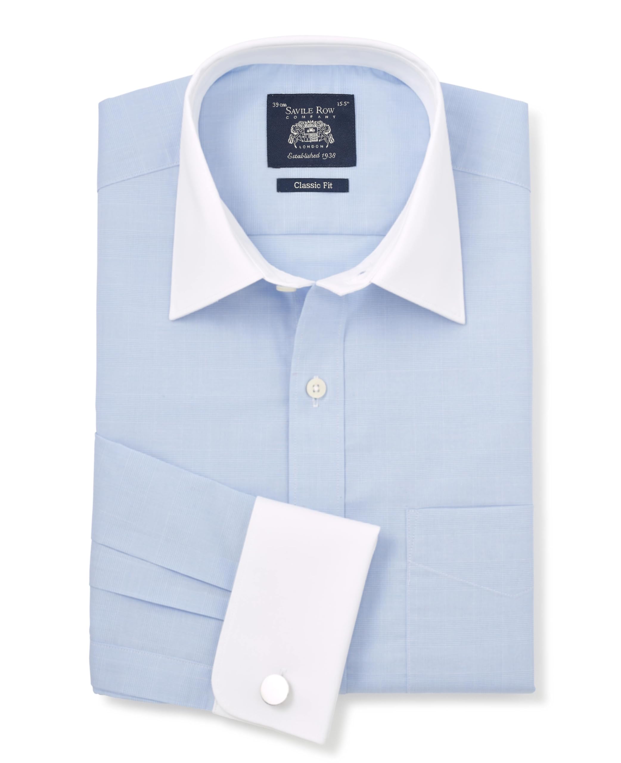 THE SAVILE ROW COMPANY LONDON Men's Classic Fit Cotton Poplin Double Cuff Winchester Formal Shirt - Blue Prince of Wales Check - 19.5" Collar - Standard