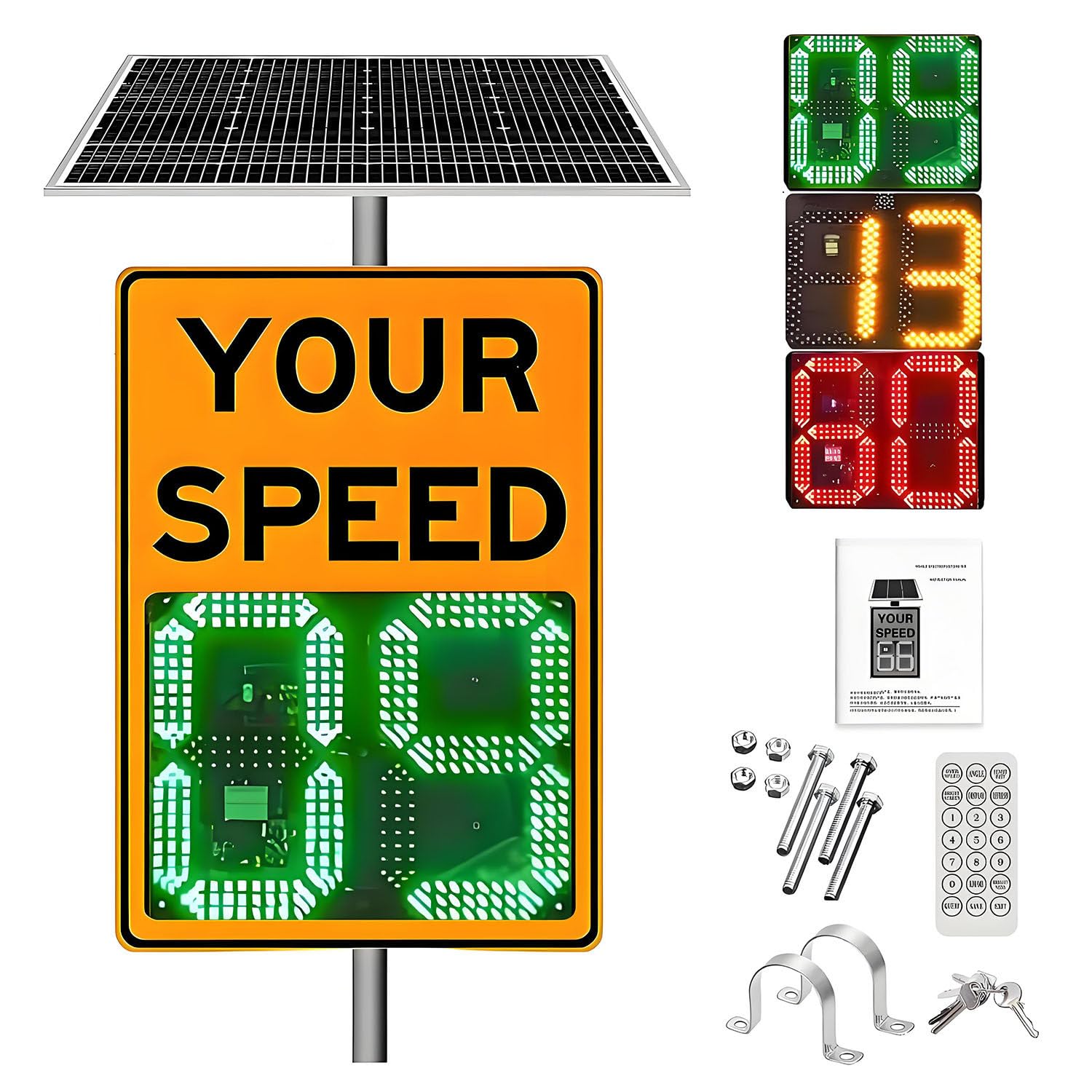 Señal de límite de velocidad con radar solar, pantalla LED, detector de radar solar, señales de tráfico de aluminio resistentes a la intemperie con kit de montaje y control remoto. Orange-50*70cm