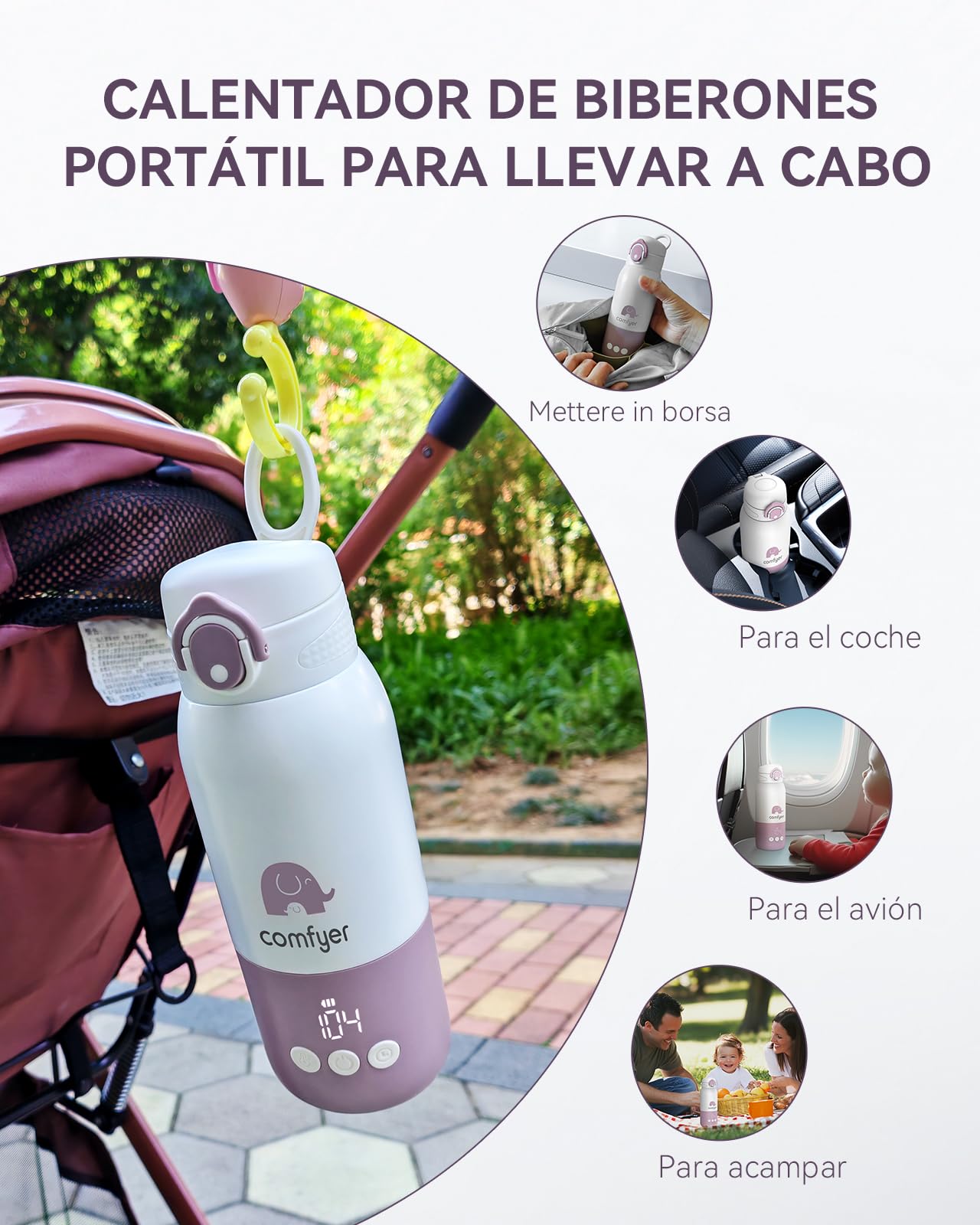 Comfyer Calienta Biberones Portatil para Viaje, Calentamiento Rápido y Larga Duración de la Batería, 2 Modos para Leche Materna y Agua, 340ml de Capacidad para Viajes Morado y blanco