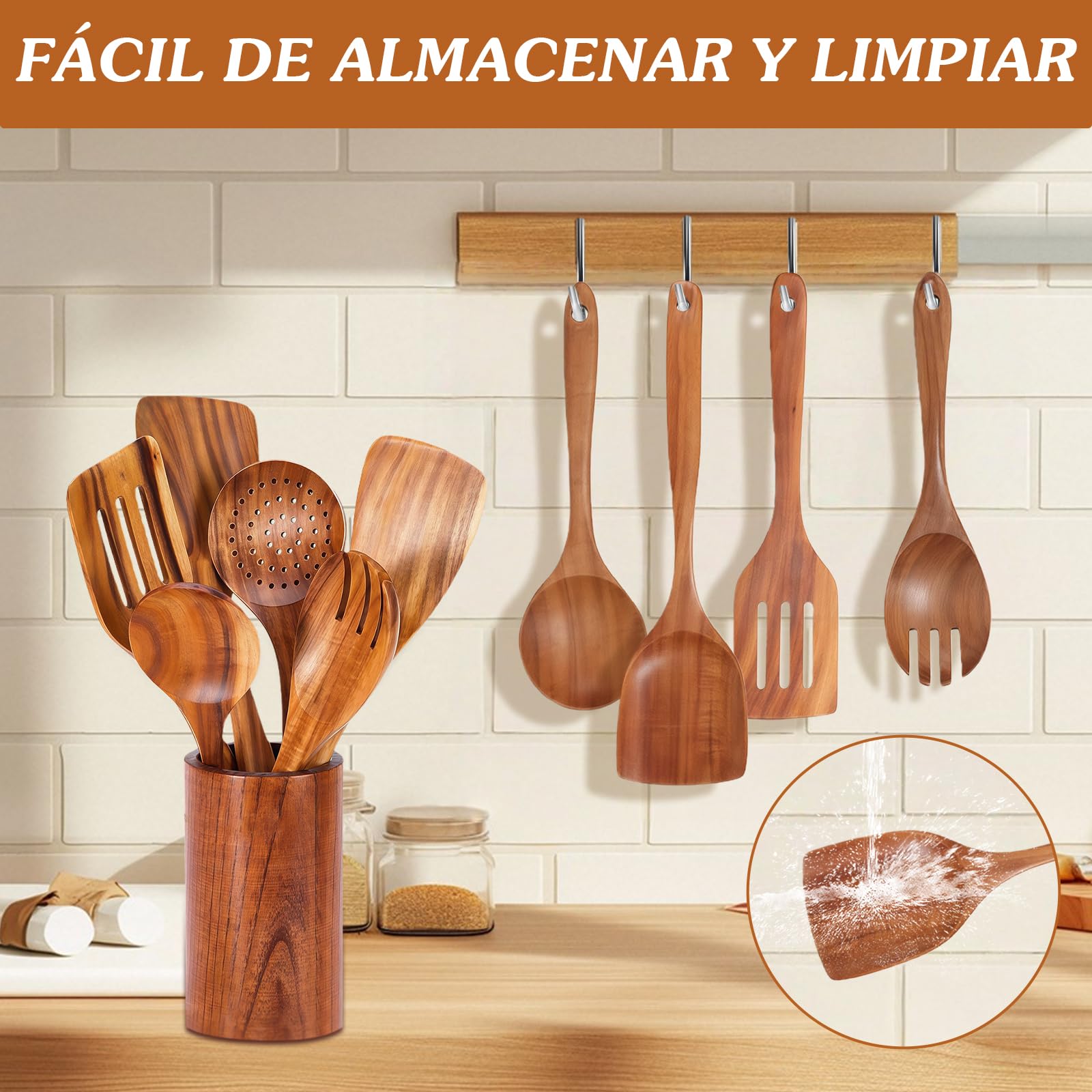 Set di cucchiai da cucina in legno, 9 pezzi di posate da cucina in legno, con supporto, spatola, cucchiaio da cucina, cucchiaio da cucina, cucchiaio da pasta, scolapasta, utensili in legno per