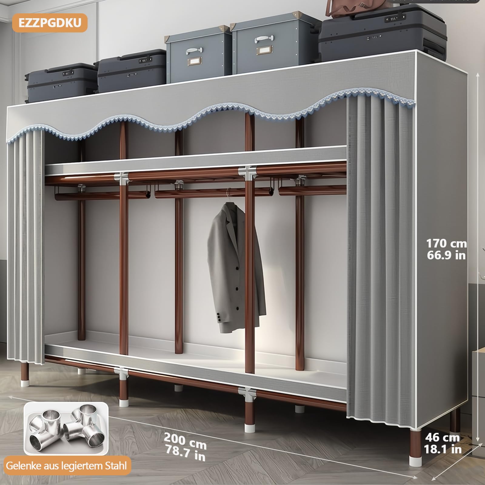 Kleiderschrank, Faltschrank Stoffschrank Stabil mit Dicker Satinstoff, 200x46x170 cm Schlafzimmerschrank mit Kleiderstange, Mobiler Kleiderschrank, Kleiderständer aus Metall, Freistehender