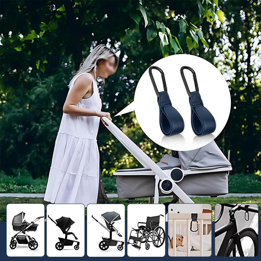 Set di 2 Ganci per Passeggino in Pelle PU - Accessorio Universale per Carrozzine e Borsine, Superficie Antiscivolo, Regolabile con Portata fino a 10 kg - Blu, 20 x 3 x 1 cm