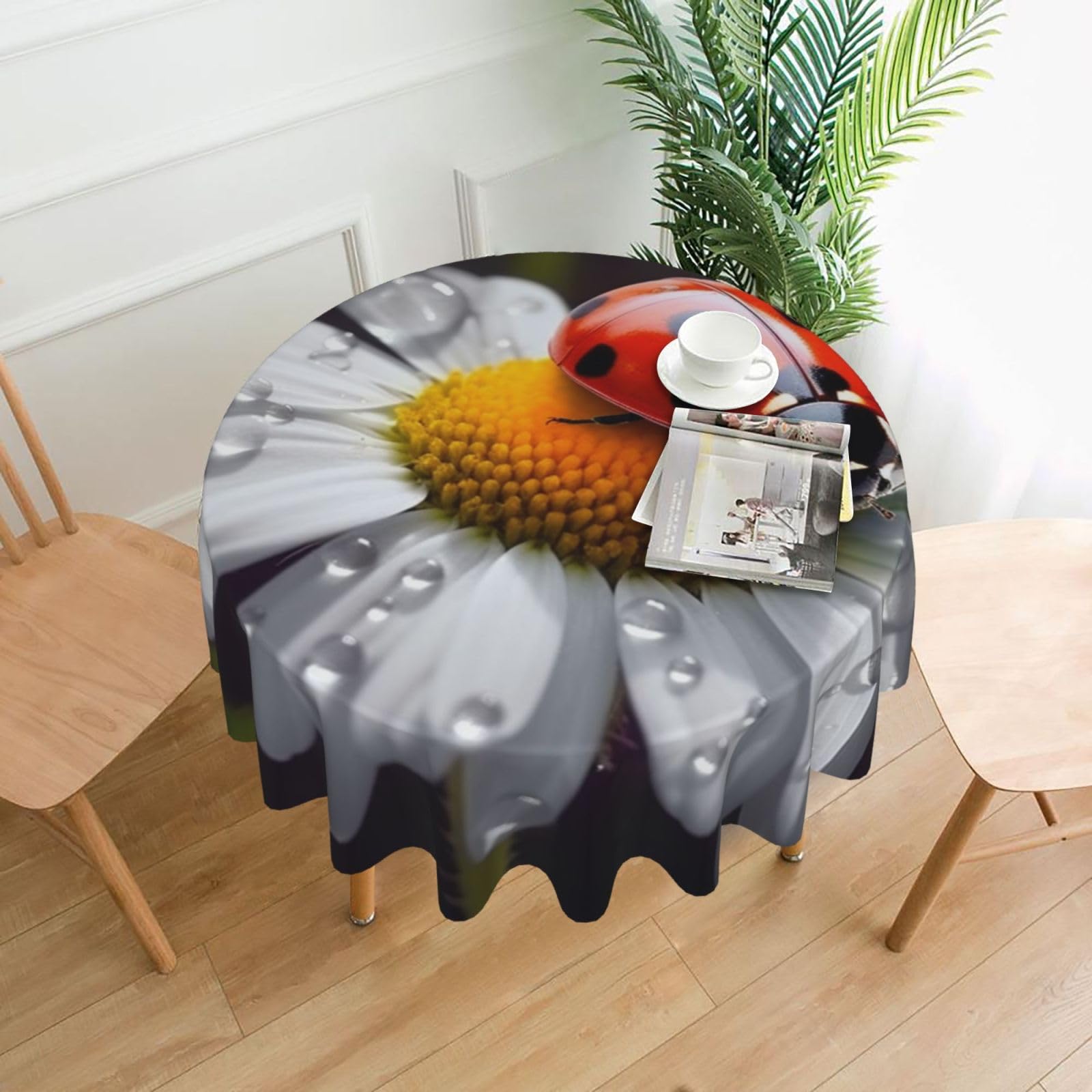 Fodpand Black Ladybug On Daisy Flower Tablecloths For Round Tables 60 Inches - Reusable And Washable Kitchen Table Clothes Decorative Table Cover For Dining Tables, Buffet Parties, Wrinkle Resistant
