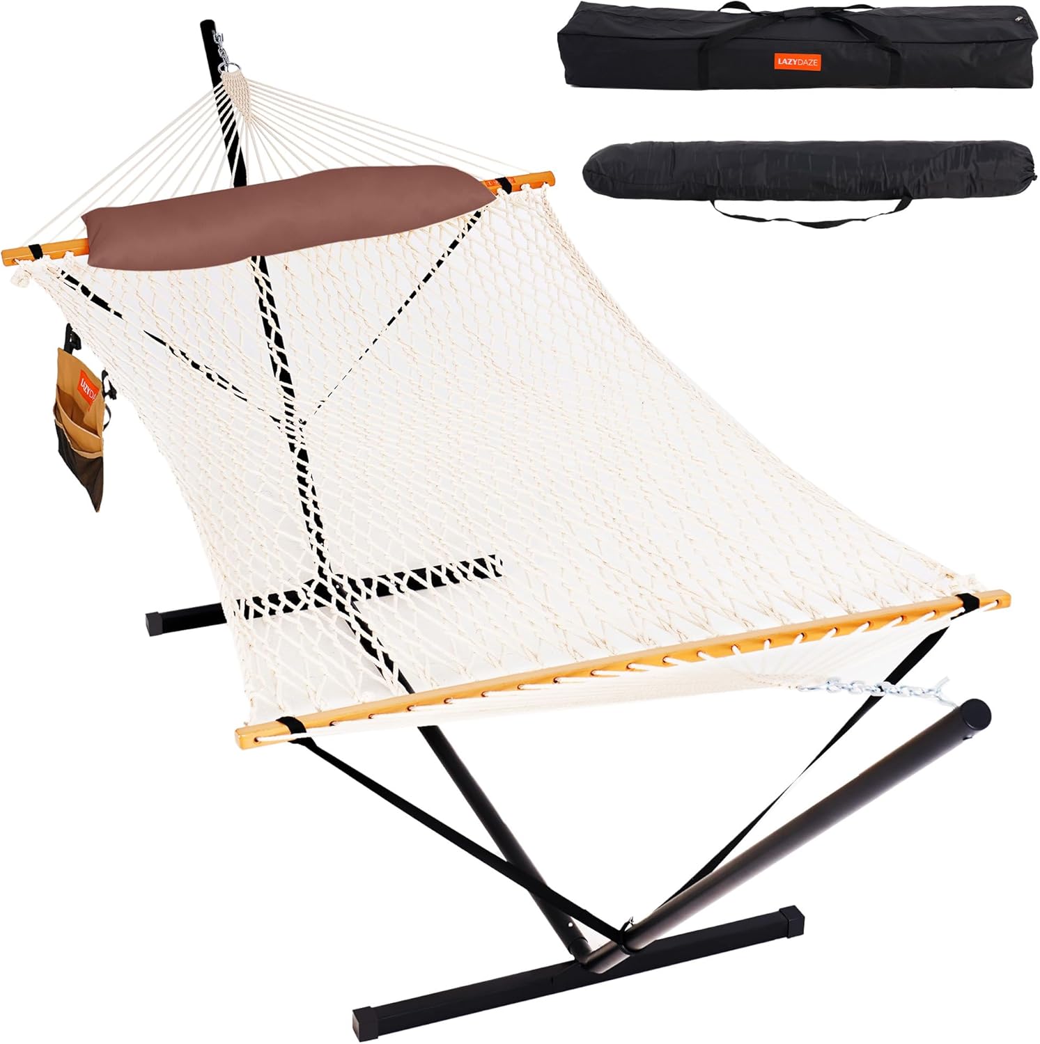 Lazy Daze Hammocks 2 Person Portable Hammock with 12FT Stand, Double Traditional Hand Woven Cotton Rope Hammock and Pillow for Outside, 450lbs Weight Capacity for Patio Backyard
