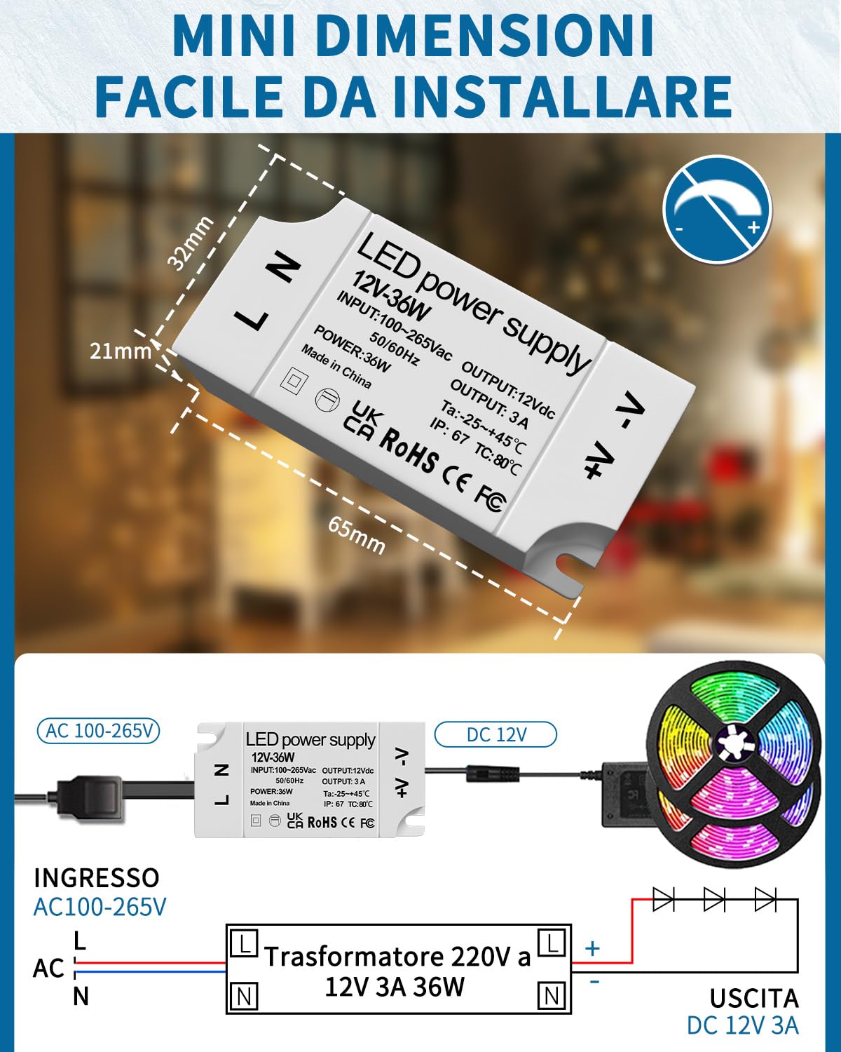 Bonlux Trasformatore 220 V 12 V LED Alimentazione 12 V 3 A 36 W IP67 Impermeabile per MR11 G4 MR16 GU5.3 Lampadine e striscia luminosa, Interno/Esterno, Mini Transfo