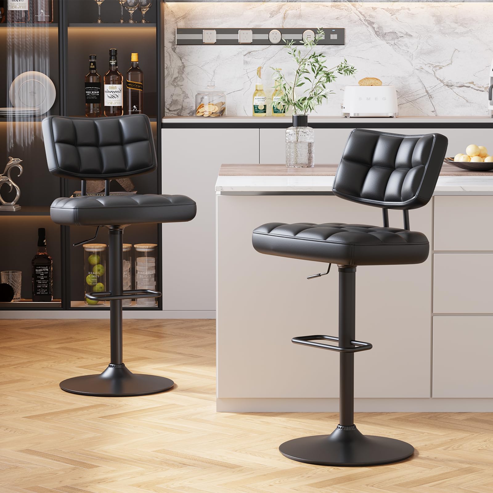 Lot de 2 Tabourets de Bar Noir - Bar Réglables en Hauteur Modernes, Chaise de Bar Chaise Haute Bar- Tabouret Ilot Central Cuisine, avec Dossier et Repose-Pieds, Salle à Manger, PU