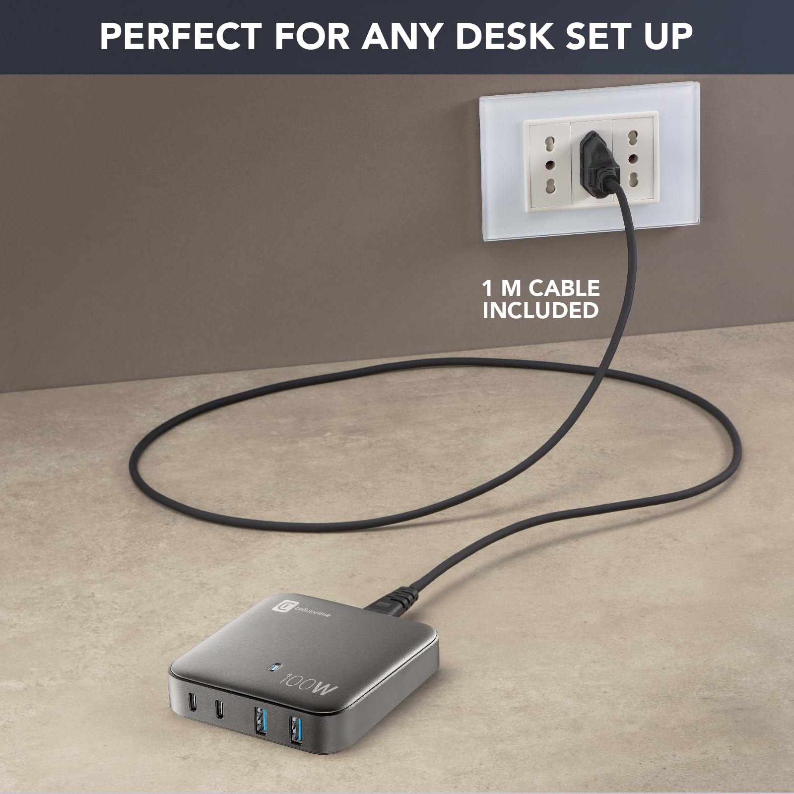 Cellularline - Multipower Magnus 100W - 4 Ports Gan -Netzwerk -Ladegerät - 2 18W USB -Anschlüsse und 2 100W USB -C -Anschlüsse - GaN -Technologie - ideal für Smartphones, Tablets und Laptops